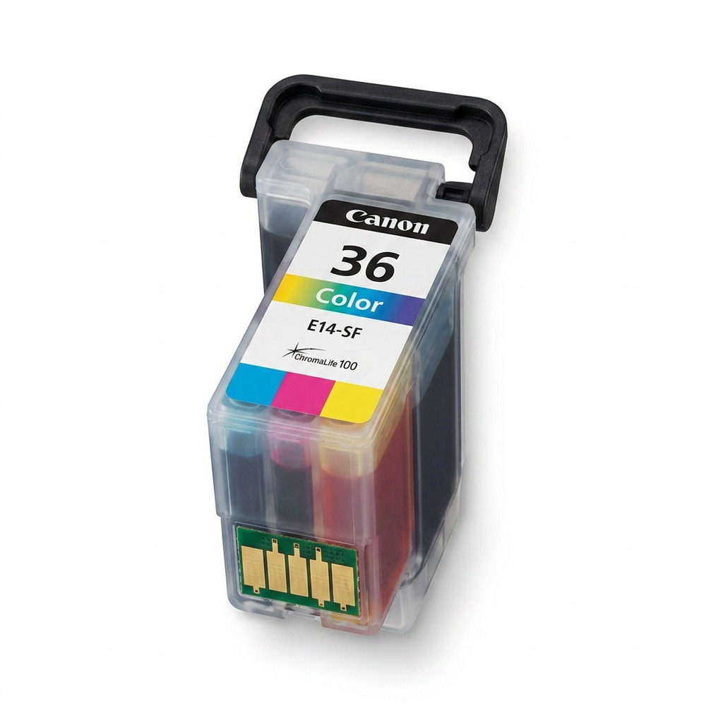 A high-resolution, centered flat-lay photo of a single Canon CLI-36 Color ink cartridge with precise markings.