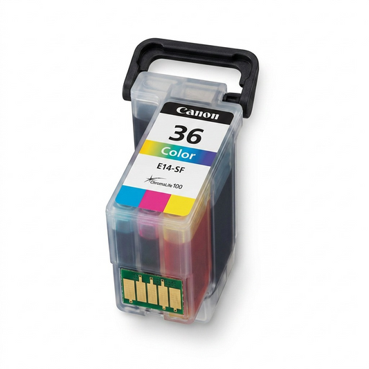 A high-resolution, centered flat-lay photo of a single Canon CLI-36 Color ink cartridge with precise markings.