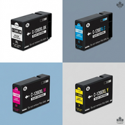 A product comparison matrix grid featuring the four Canon PGI-1200XL ink cartridges (Black, Cyan, Magenta, Yellow) in separate quadrants, showcasing their individual labels and key XL capacity, against a clean blue, white, gray, and black background.