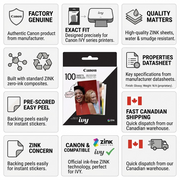 PDP visual matrix showing Canon ZINK Photo Paper with confidence-building icons and text in an informative graphic.