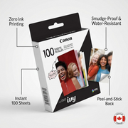 A clean e-commerce feature visual for Canon ZINK paper, showing key specs and printed samples clearly.