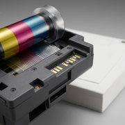 Extreme macro close-up of a dark gray thermal ink ribbon cartridge for Canon Selphy printers. Small gold contact pins are visible along the curved, technical interface, highlighting precision. The textured print media is blurred in the background. The photo shows the mechanical complexity.