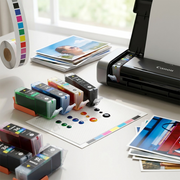 A close-up photograph of multiple Canon CLI-36 Color ink tanks, grouped and ready for printer installation on an office desk.