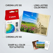 Ecommerce feature graphic for Canon CLI-36 Colour ink, clean style with concise callouts highlighting ChromaLife100 system, long-lasting color prints, and sharp photo quality. Contains reference image of CLI-36 packaging.