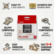 An authority-themed infographic featuring the Canon PCC-CP400 cassette packaging and key factual product trust cues.