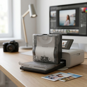 PDP lifestyle image showing the Canon PCC-CP400 paper cassette installed into a Compact Photo Printer on a desk, next to small printed card photos.