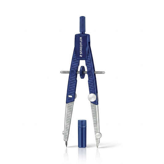 A high-resolution, centered view of a STAEDTLER 550 blueprinting-style compass, showing its dark blue body, silver legs, and black adjustment wheel, against a pure white background.