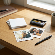 A lifestyle image showing the Canon XS-20L color ink and paper on a wooden desk alongside photo prints.