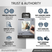 Trust infographic for Canon XS-20L Color Ink/Label Set, with genuine branding, confirmed compatibility, and fast Canadian shipping icons.