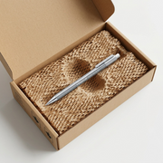 Close-up of a STAEDTLER triplus micro 0.5mm, Pearl mechanical pencil (77425-80A6) safely cushioned in protective, neutral honeycomb paper inside a shipping box.
