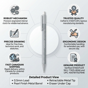 Infographic for STAEDTLER triplus micro 0.5mm, detailing quality, precision, ergonomics, and fast Canadian shipping.