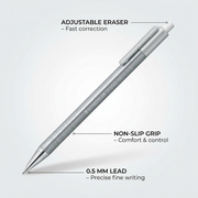 Operational feature callout image for the STAEDTLER triplus micro 0.5mm mechanical pencil.