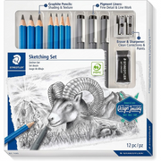Feature graphic showing the sketching set with callouts highlighted in the context of the included artwork.