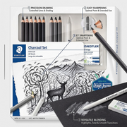 STAEDTLER Mixed Charcoal Set on a dark surface with feature callouts showing pencils, sharpener, and eraser.