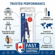 An infographic showing the STAEDTLER 550-WP01A602 compass with icons denoting build, materials, use, and Canadian shipping.