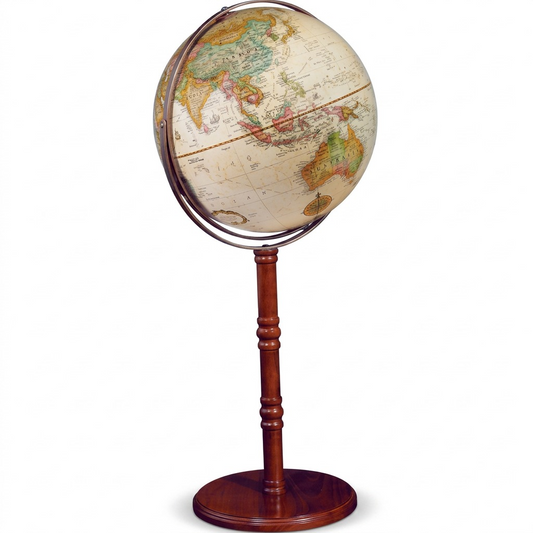 A detailed studio photograph of the Replogle Commander II floor globe, a 16-inch antique-ocean sphere on a dark cherry stand.