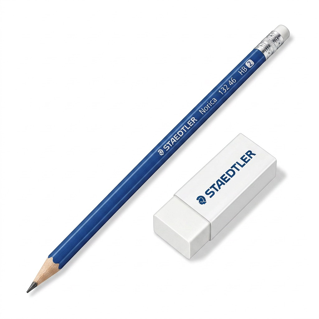Close-up product shot of a STAEDTLER blue wooden #2 pencil and white block eraser on a white background.