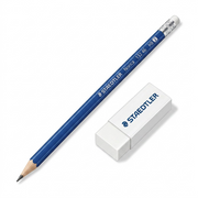 Close-up product shot of a STAEDTLER blue wooden #2 pencil and white block eraser on a white background.