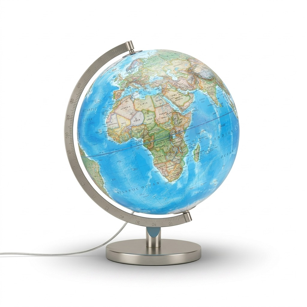 A centered, high-resolution hero shot of the 12"/30Cm Diameter Blue Ocean Illuminated Desk Globe with its distinctive silver-finish meridian and base, isolated on a pure white background.