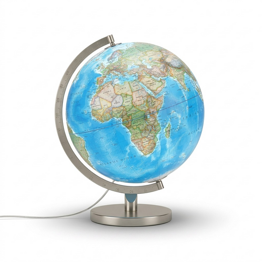 A centered, high-resolution hero shot of the 12"/30Cm Diameter Blue Ocean Illuminated Desk Globe with its distinctive silver-finish meridian and base, isolated on a pure white background.