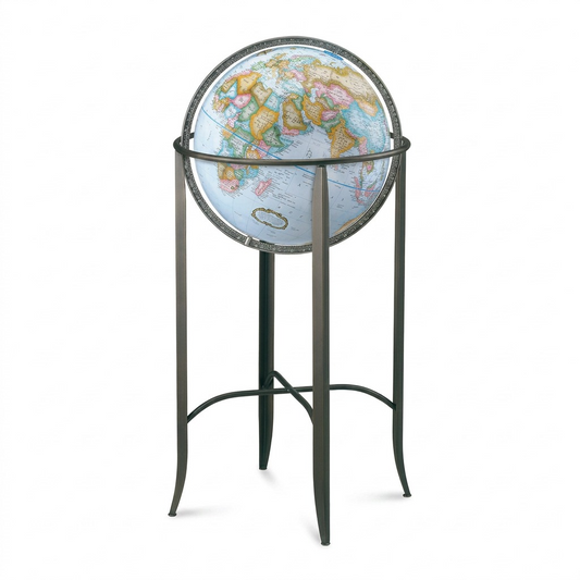High-resolution hero shot: Replogle Trafalgar blue ocean floor globe on dark bronze stand, centered on white.