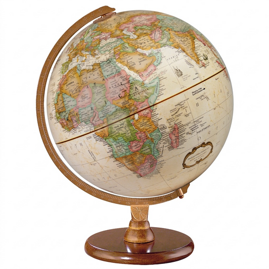 A crisp, high-resolution hero image of the Replogle Hastings antique ocean desk globe against a pure white background.