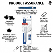 Infographic matrix for STAEDTLER Mars plastic erasers, showing product with icons for compatibility, material, precision, and Canadian shipping.