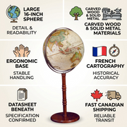A trust and authority infographic with the antique Replogle globe at its center, with six labeled icons showcasing features.