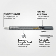 A feature callout graphic using the Staedtler Triplus Micro 0.7mm mechanical pencil image. Arrows and labels point to key features: "Retractable Lead & Sleeve" (left), "0.7mm HB Lead" (barrel text), and "Rubber Grip & Eraser Cap" (right / top cap), with a clean diagram view showing the internal eraser under the cap on an off-white background. The graphic is clean and highlights core functionality.