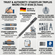 Infographic for STAEDTLER 77417-81A6 mechanical pencil, highlighting features, quality standards, and precise Canadian availability.