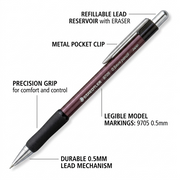 An ecommerce infographic callout image of the STAEDTLER 9705S-05 mechanical pencil, highlighting key features with clean labels.