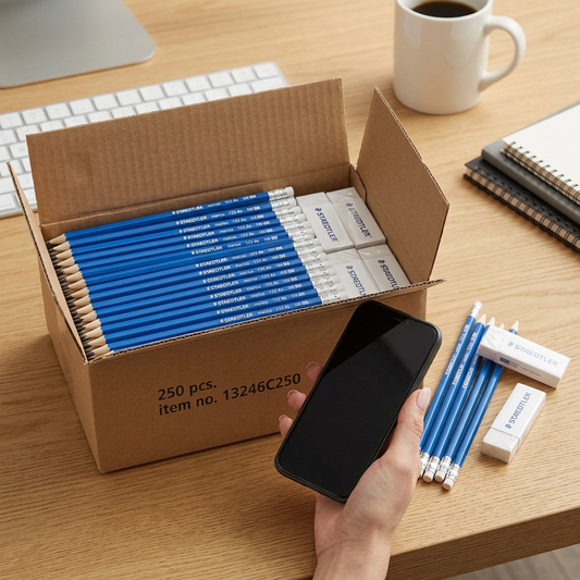 Box of 250 Staedtler pencils and erasers on an office desk, held for scale by a smartphone.