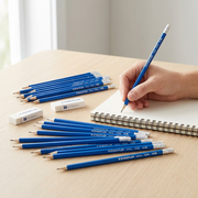 A photograph of several STAEDTLER #2 pencils and white erasers lying on a light wooden desk, with a hand holding a pencil and writing in a notebook.