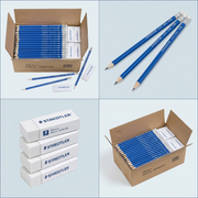 Premium e-commerce visual matrix of the 250 pencil and 20 eraser set, showing multiple angles of the components.