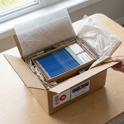 An image showing a neatly open cardboard box filled with protective paper filler. It holds 250 pre-sharpened STAEDTLER #2 pencils, 20 erasers, and several protective foam pieces. It's safe transportation.