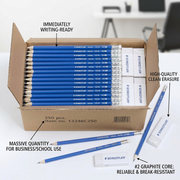 A feature graphic for Staedtler #2 pencils with callouts for immediate writing and massive quantity.