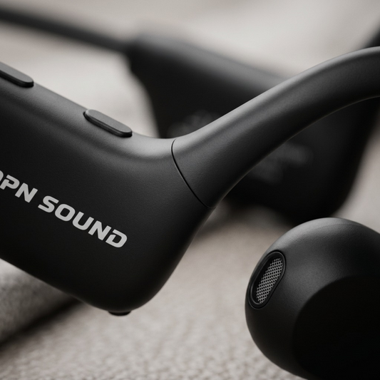Macro close-up of OPN Sound Aperto headphones, detailing the charging port, mic grille, and control surface texture.