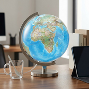 A scale reference photo showing the illuminated desk globe next to an iPad and mug on a desk, illustrating its true 12-inch size.