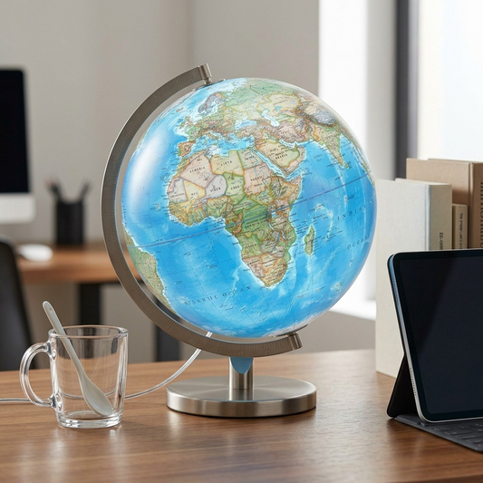 A scale reference photo showing the illuminated desk globe next to an iPad and mug on a desk, illustrating its true 12-inch size.