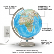 Image 6, showcasing the operation of the Replogle National Geographic Bartlett illuminated globe, with callouts for touch illumination and political mapping.