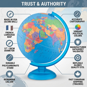 Trust and authority infographic matrix for the Replogle Adventurer 12" French language globe, featuring quality manufacturing cues and fast Canadian shipping.