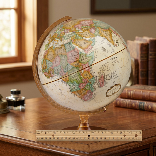 Replogle Hastings Globe with a 12-inch ruler for scale on a desk.