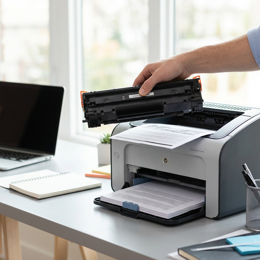 A realistic photo of the Elevate Imaging CF283A toner cartridge installed in a laser printer, printing a document in an office.