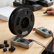 A black 0.50kg 3D nylon filament spool is shown on a desk alongside common workspace items and tools.