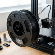 A 3PI Tech Solutions 0.50kg black nylon filament spool is loaded into a 3D printer, its glossy filament feeding into the extruder, in a focused lifestyle product shot.