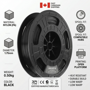 E-commerce trusting infographic for black nylon 1.75mm filament with specs & Canadian shipping.