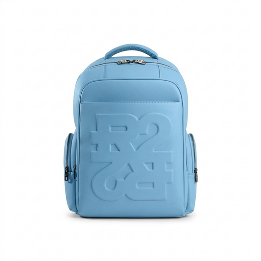 High-resolution hero shot of the blue Bugatti Rick Ross Edition backpack on a white background.