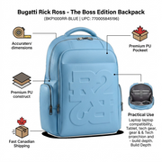 A light blue Bugatti backpack infographic with feature callouts for dimensions, Canadian shipping, laptop compatibility, and PU material.