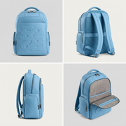 An image of the blue Bugatti backpack from four angles.