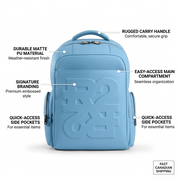 Ecommerce feature graphic with minimal pointers and factual labels for the Rick Ross - The Boss Edition Backpack in PU Drift Blue.